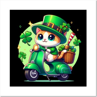 Celebrate St Patricks Day with a cute and colorful Cat on a Motorcycle design Posters and Art